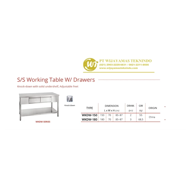 Meja Stainless + Laci WKDW-150 / WKDW-180 S/S Working Table with Drawers Dapur MBG - Makan Bergizi Gratis