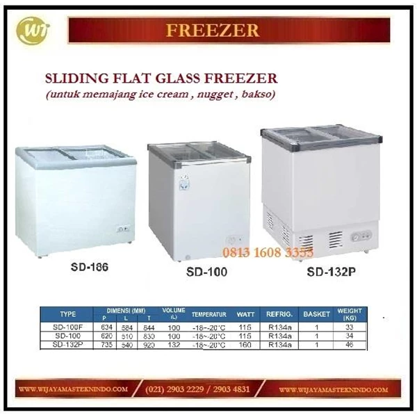 Pemajang Es Krim / Sliding Flat Glass Freezer SD-100 / SD-132P /SD-186 Mesin Makanan dan Minuman Cepat Saji