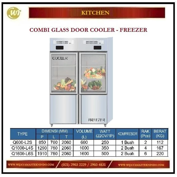 Lemari Pendingin & Pembeku / Combi Glass Door Cooler Freezer Q600-L2S / Q-1000-L4S / Q1600-L6S Mesin Makanan dan Minuman Cepat Saji